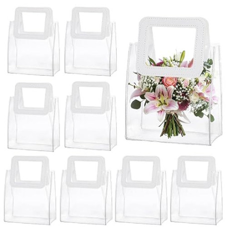 Mritrit Lot de 10 petits sacs cadeaux en PVC transparent avec poignées blanches, réutilisables, pour mariage, invités, fêtes, ca