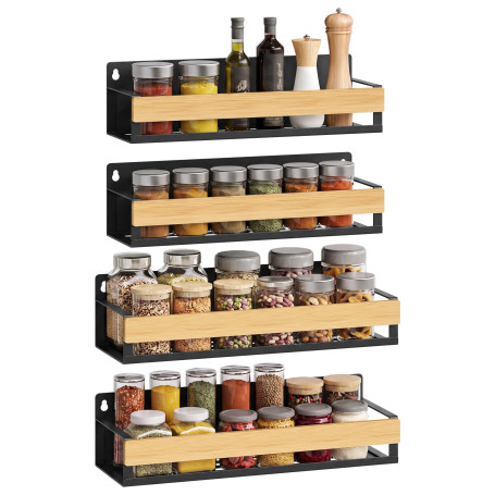 SONGMICS Étagère à Épices Murale, Lot de 4, Acier et Bambou | Étagère de Rangement Cuisine, Salle de Bain, Noir d'Encre et Bambo