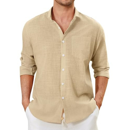 Enlision Chemise en Lin Homme Manches Longues Été Coton Chemises Henley Shirt de Couleur Unie Leger Respirant Casual de Plage S-
