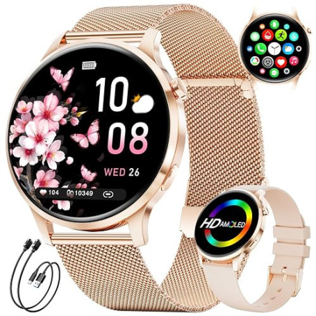 Montre Connectée Femme, Écran AMOLED 1,32" Ultra-fin Elégante Montre Femmes avec 2 Bracelets & 2 Câbles, 116 Modes Sport, Suivi