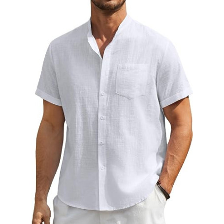 Enlision Hommes Chemises Manche Courte Chemise Lin Homme Solid Henley Shirts Été Col Mao Chemise de Plage Classique S-4XL