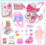 deAO Kit Poussette pour poupée avec Poupée 31cm, 2 Tenues et Chaise Haute | Kit Jeu de Poupée Accessoires avec Sac, Biberon Pot 