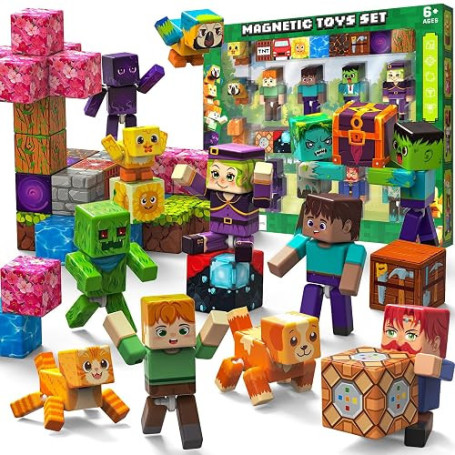 Mzyxxel 28 Pièces Figurines Magnétiques et Blocs de Construction, 8 Figurines Humaines, 2 Oiseaux, 2 Animaux & 16 Cubes Magnétiq