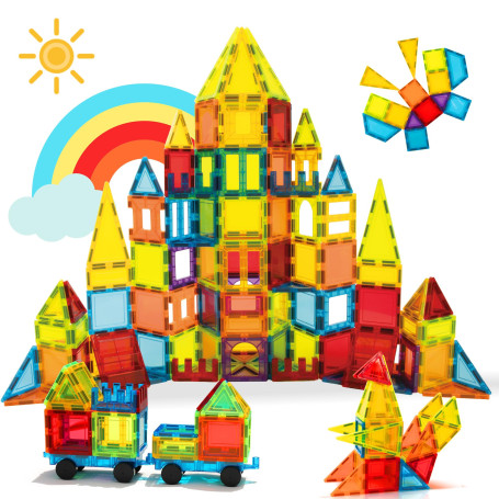 W Wise Block Blocs de Construction Magnétiques 131 PCS avec 2 Voitures, Jouets magnétiques pour Enfants Les Tout-Petits, Jouets 