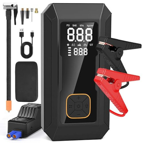 Booster Batterie avec Compresseur,Démarreur Batterie Voiture, 150PSI Gonfleur de Pneus,8000mAH Gonfleur Pneus Voiture,Tout Gaz o