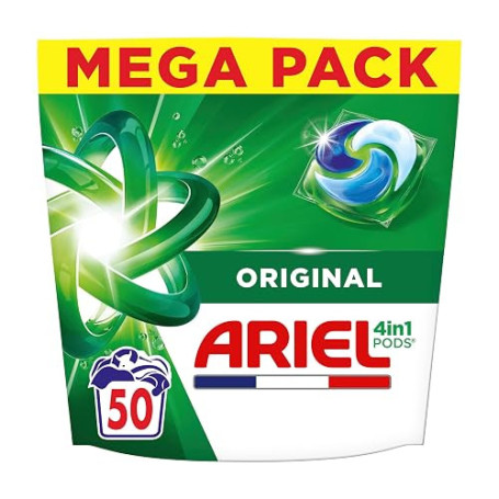 Ariel PODS 4en1, Lessive En Capsule, 50 Lavages, Original, Élimination Impeccable Des Tâches, Efficace Même A Froid Et En Cycle