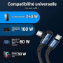 toocki Cable USB-C 240W 3M, Charge Rapide, Câble Type-C Coudé, Nylon, Bleu | PD3.1 Recharge rapide, 480Mbps, Angle Droit, Tressé