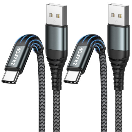 ZKAPOR Câble USB C 2M/Lot de 2, Câble USB C Charge Rapide Chargeur Type C | 3A Câble USB A vers USB C Nylon Cable USB Type C Cha