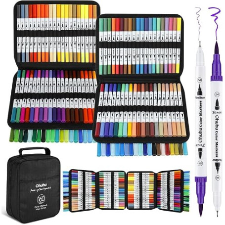 Ohuhu Feutres Coloration 160 Fineliner & Brosse Aqueux pour Art | Double Pointe pour Ombrage Mélange & Détail Inodore & Non Toxi