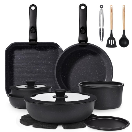 GiPP 19 PCS Set de Casseroles et Poele Induction et Poignée Amovible, Noir | Batterie Cuisine Tout Teux, Revêtement Non Toxique,