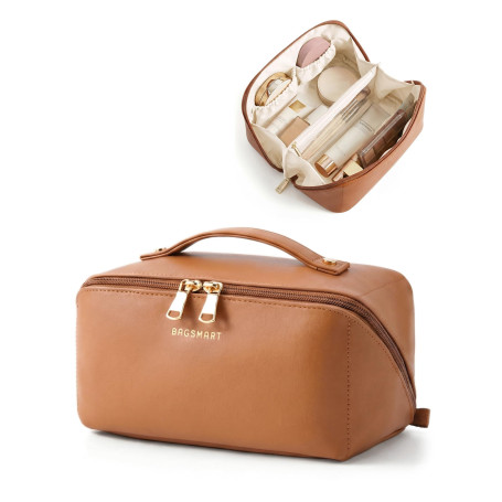 bagsmart Trousse de Maquillage Voyage Femme PU Cuir avec PVC Compartiment | 23,5x10,5x11cm Imperméable Trousse de Toilette Vanit