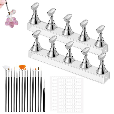 2 Sets Supports à Ongles Magnétiques en Acrylique, 15 Pinceaux pour Ongles, avec 200 Bandes Adhésives Double Face, Porte-Ongles,