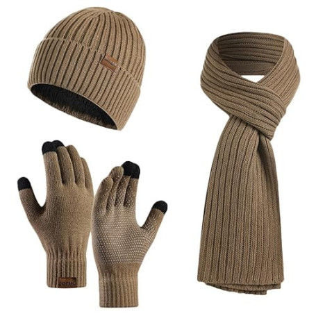 Bonnet Écharpe et Gants à Écran Tactile Tricotés Ensemble d'hiver Homme Bonnet Écharpe Ensemble Doublure Doux Chapeau Tricoté Ch