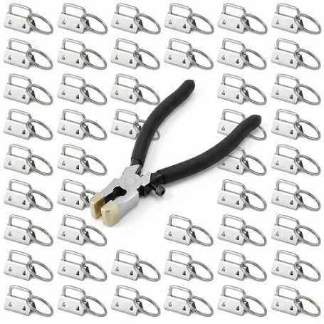 QWORK Lot de 40 ébauches de lanière en argent avec porte-clés et 1 pince à sertir, pour sangle de 25 mm de large