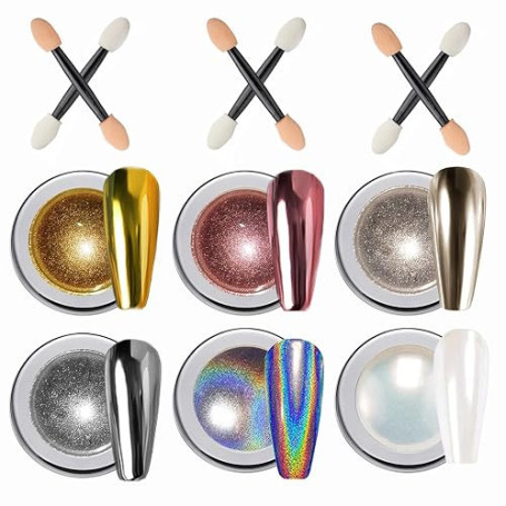 6 Poudre Chrome Ongle, Paillette Ongles Nail Art avec Effet Miroir, Laser Poudre à Ongles, Pearl Effect Powder pour Glazed Donut
